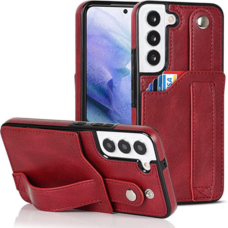 Designet til Samsung Galaxy S22 5G tegnebog med justerbar håndledsrem Kickstand Pu Leather Credit Card Heavy Duty Shockproof Hybrid Rugged Protective Cover for Women Men 6,1 tommer lyserød