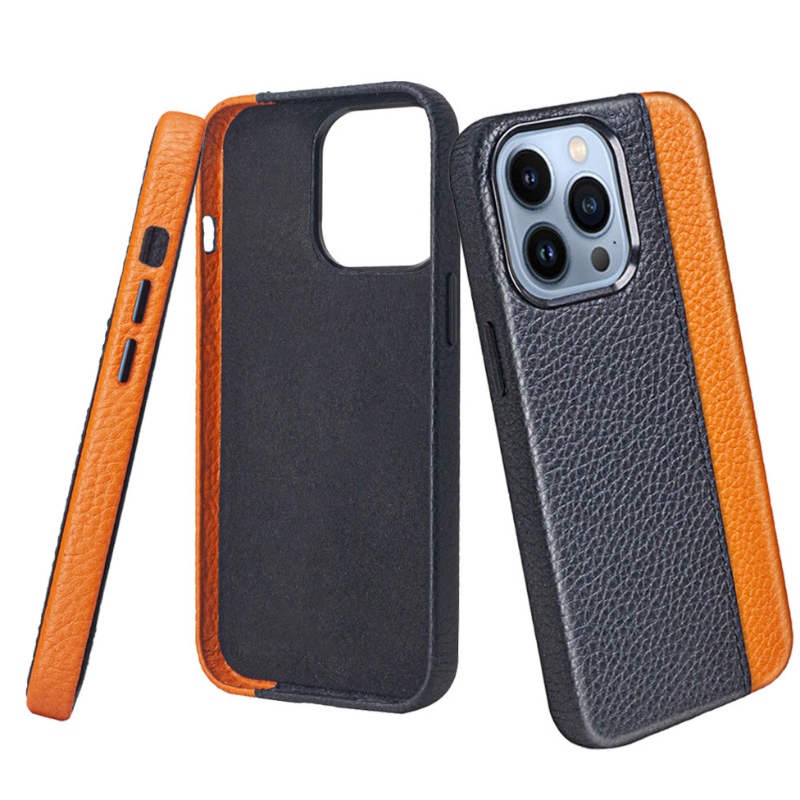 Apple iPhone 14Pro Mobile Phone Leather Case, 360 Grad All-Inclusive Protection, Fashionable Color Matching Black/orange Mobile Phone Case, metalknapper følsom og holdbar